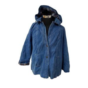 Vtg Remington Mens 24.5 Hooded Quilted Lined Blue Denim Long Hunting Coat